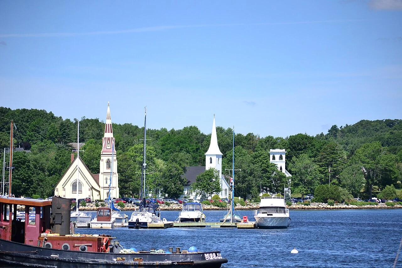 Mahone Bay's three churches from across the harbour (photo: E.walker)